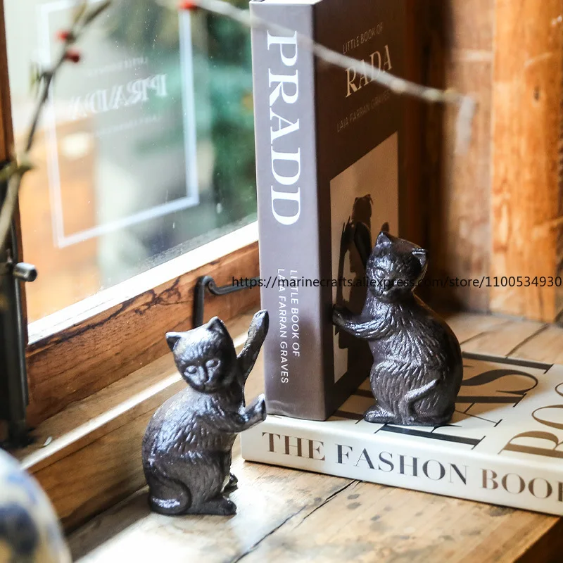 Retro Antique Cast Iron Wrought Iron Cat Animal Bookend Ornament Housewarming Gift Book Stand Bookshelf Decoration