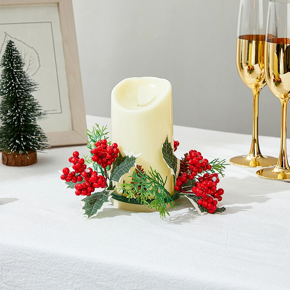 Christmas Candlestick Wreath Artificial Berry Garland Xmas Table Decoration Wine Glass Flower Fake Leaves Wreath For Candle