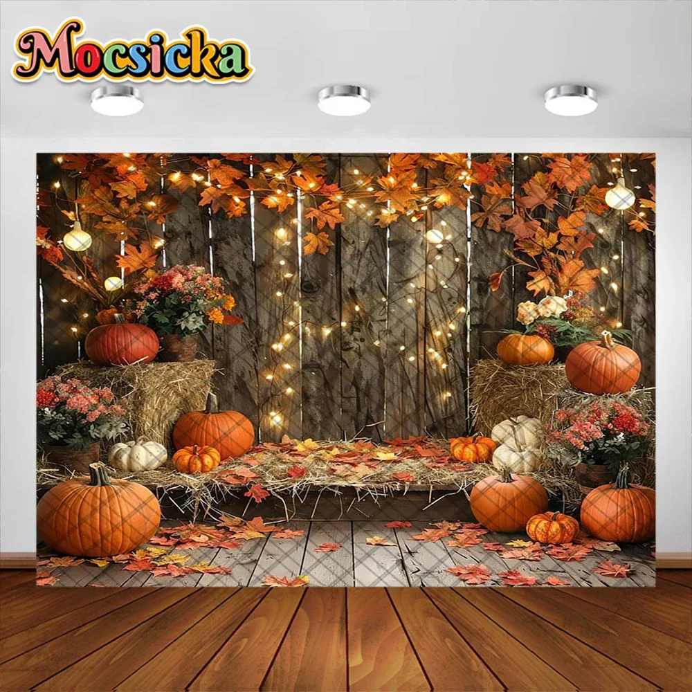 Mocsicka Photography Background Autumn Maple Leaf Pumpkin Wooden Door Decoration Kids Fall Photo Portrait For Studio Props