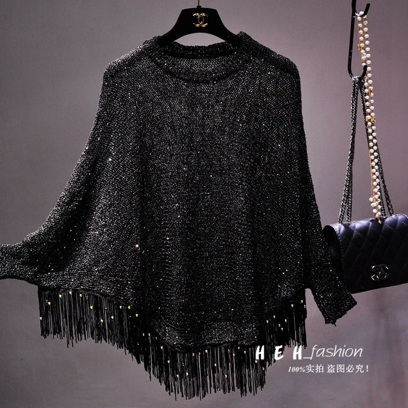 Spring 2024 Thin Hollow Sexy Sequined Tassel Cape Loose Pullover Shawl Knitted Sunscreen Bat Shirt for Women