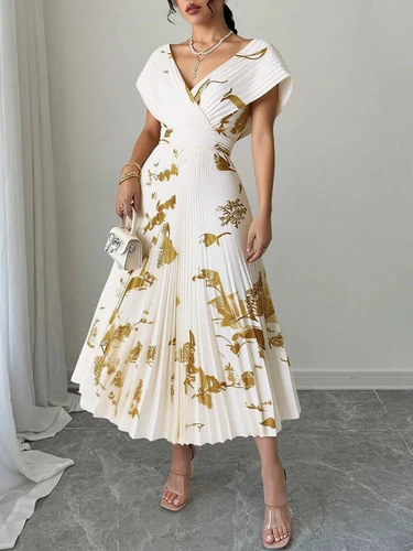 Vestidos de mujer verano elegante moda decente 2025 estampado plisado manga corta cuello en V una línea vacaciones plisado vestidos largos