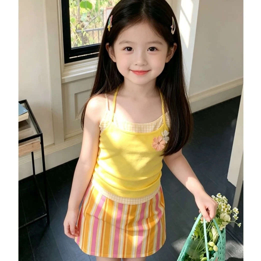 Girls Set 2026 Spring and Summer New Children's Clothing Baby Girls Beach Holiday Yellow False Two Halter Stripe Skirt Two Sets