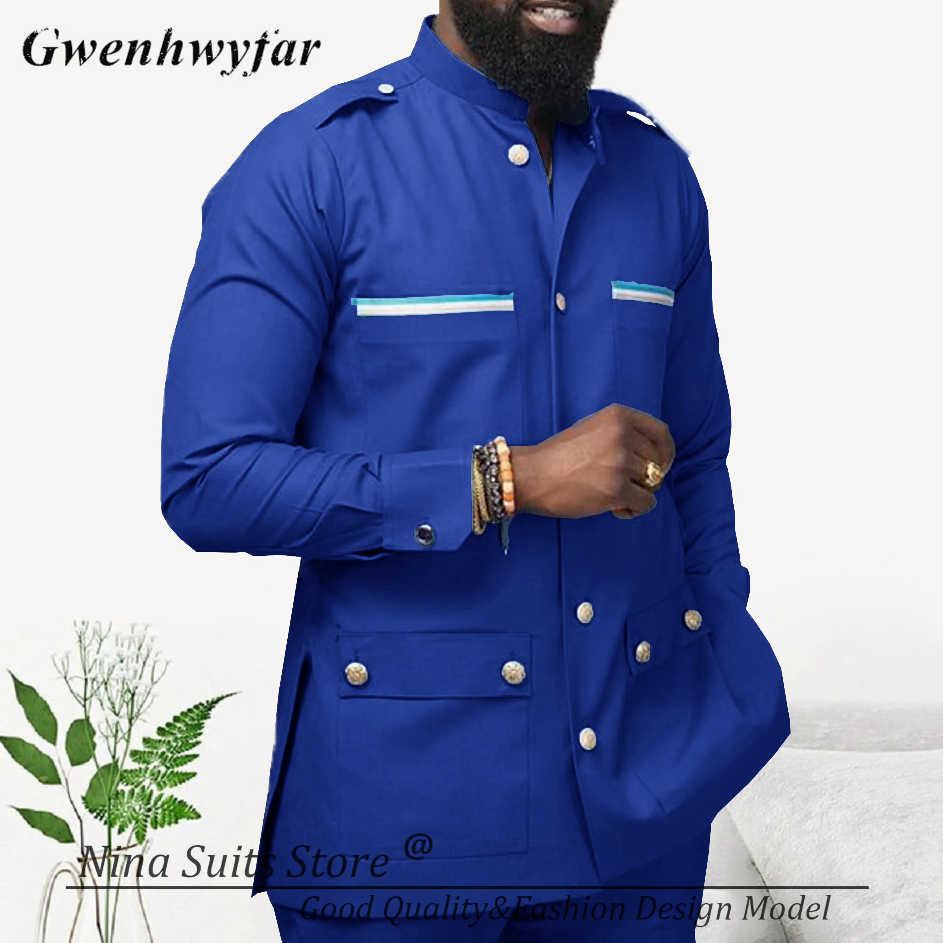 Nina Store African Style Royal Blue Suits for Men 2024 Fashion Man Business Party Groom Wedding Costume Inlcude Blazer Pants
