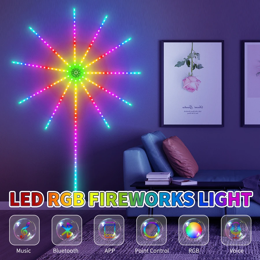 Bluetooth APP Control 5V USB LED Fireworks Light Garland RGBIC String Lights Music Sync Bedroom Wedding Party Christmas Decor