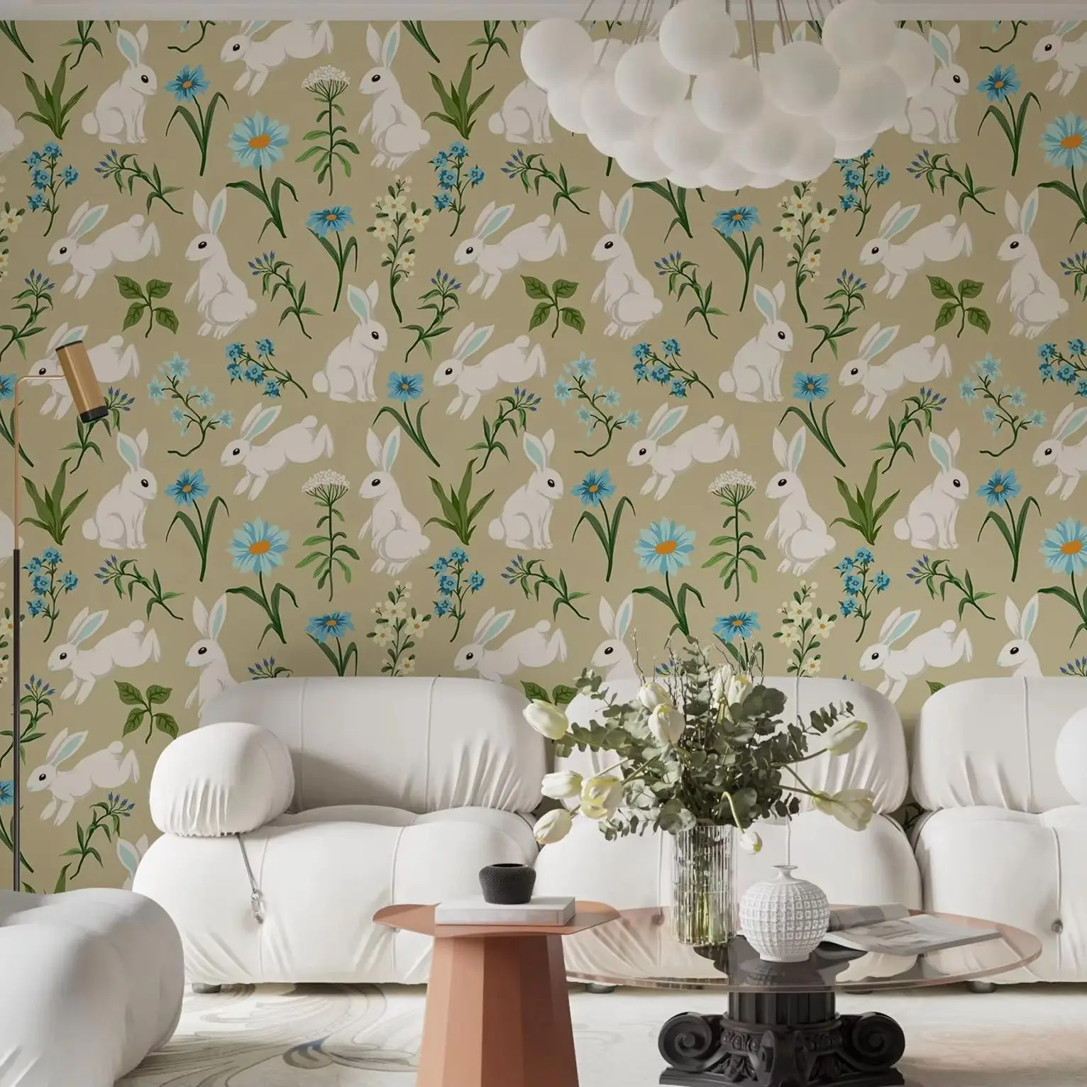 Bunny Meadow Wallpaper, Cute Rabbit, Spring Floral Pattern, Green Nature Wall Decor, Tradition Non-woven Or Self-adhesive Papers