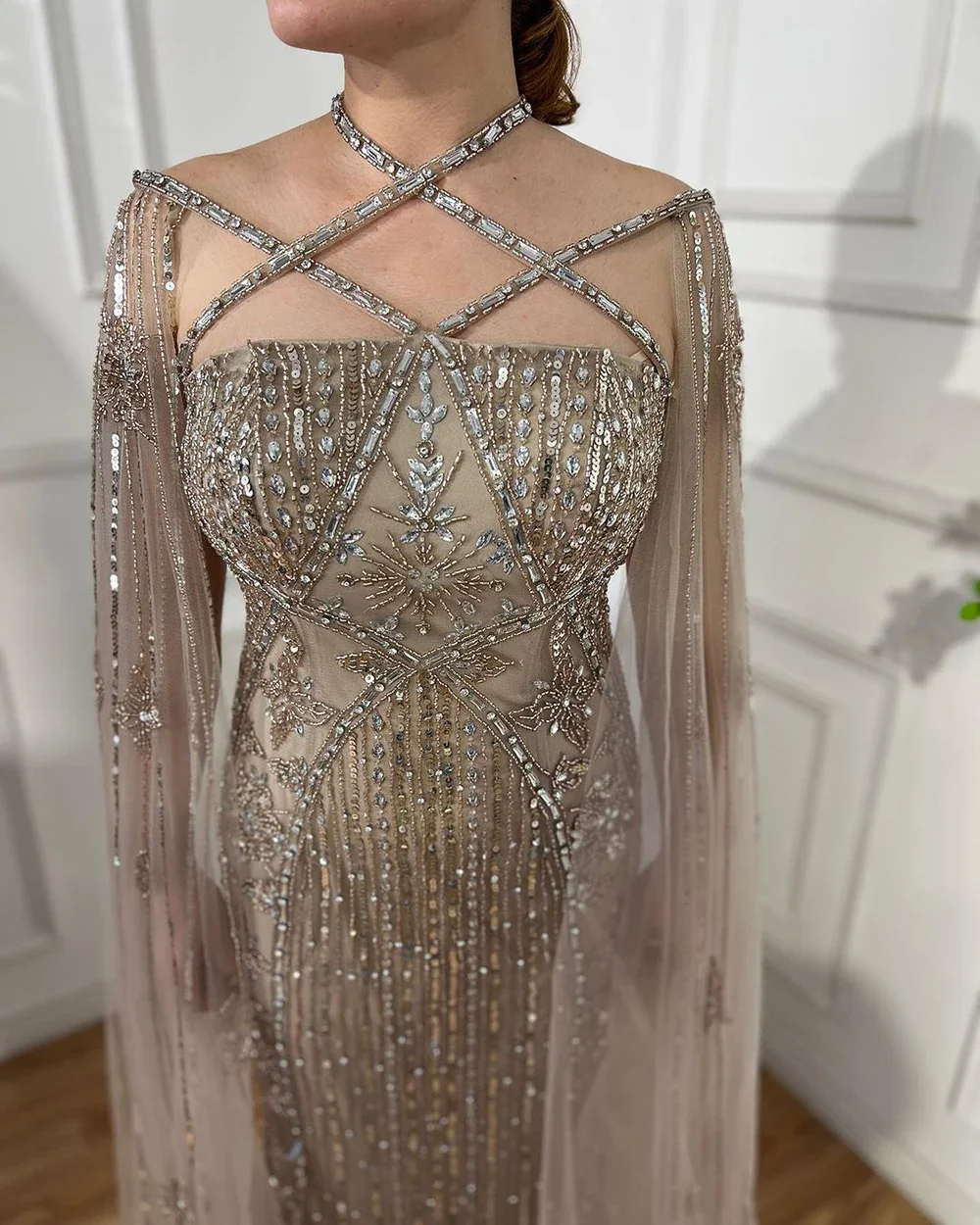 Hot Sale Arabic Dubai Mermaid Prom Dresses With  Cape Sleeves Beaded Evening Dresses Gowns For Women Formal Party فساتين الحفلات