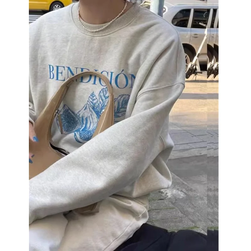 Autumn Grey Women Clothing Vintage Street Sweatshirt Y2K Stripe Letter Printing Pullover Long Sleeves Warm Oversize Ladies Tops