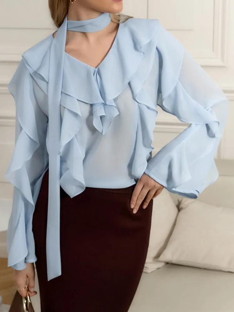 Chiffon Ruffle Top Autumn Loose Outerwear Commuting V-neck Shirt Women's Solid Color Elegant Versatile Long-sleeved Shirt Top