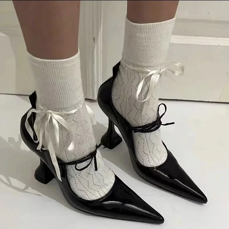 Black Pointed Toe Sandals Wine Cup Heels Classic Fashion Women Summer Mary Janes Shoe Instep Lace Up Decor Sweet Girl Dress Shoe