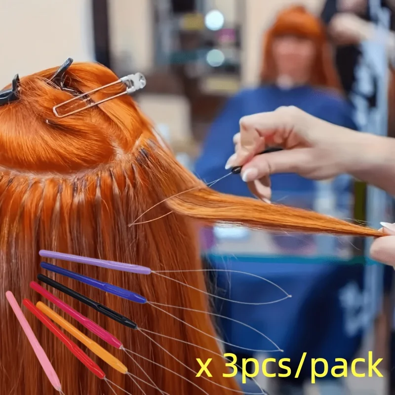 3pcs/pack Random Color Hair Extension Tool Set - Black Stainless Steel Needles With Colorful Plastic Handles For Beading & Weavi
