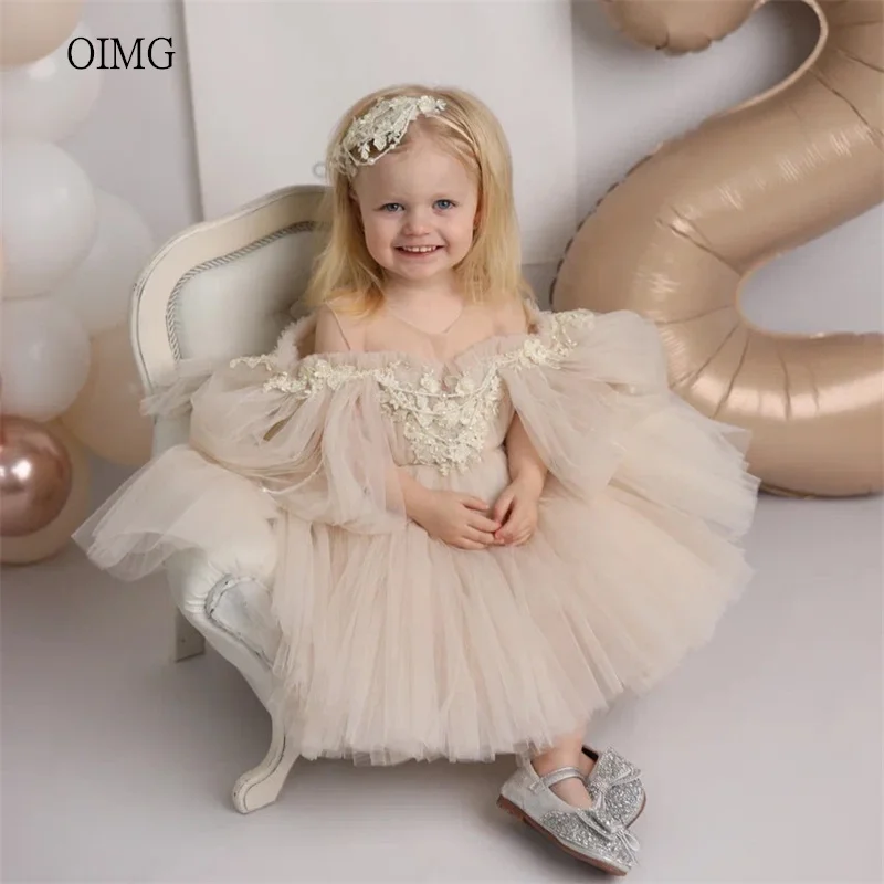 

OIMG Champagne A-line Flower Girl Dresses Puff Sleeves Jacquard Wedding Party Gown Tea Length Birthday Dress niñas Customized
