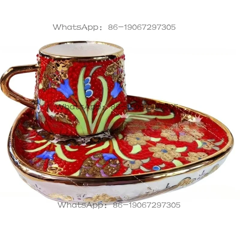 

Hand Painted Ceramic Coffee Cup and Saucer Set, Tulip Relief Phnom Penh Tea Set
