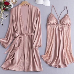 Sexy Patchwork Lace Robe Set Suspender Nightgown Spring Summer Women Sleepwear Bathrobe Gown Loose Satin Nightdress Lounge Wear