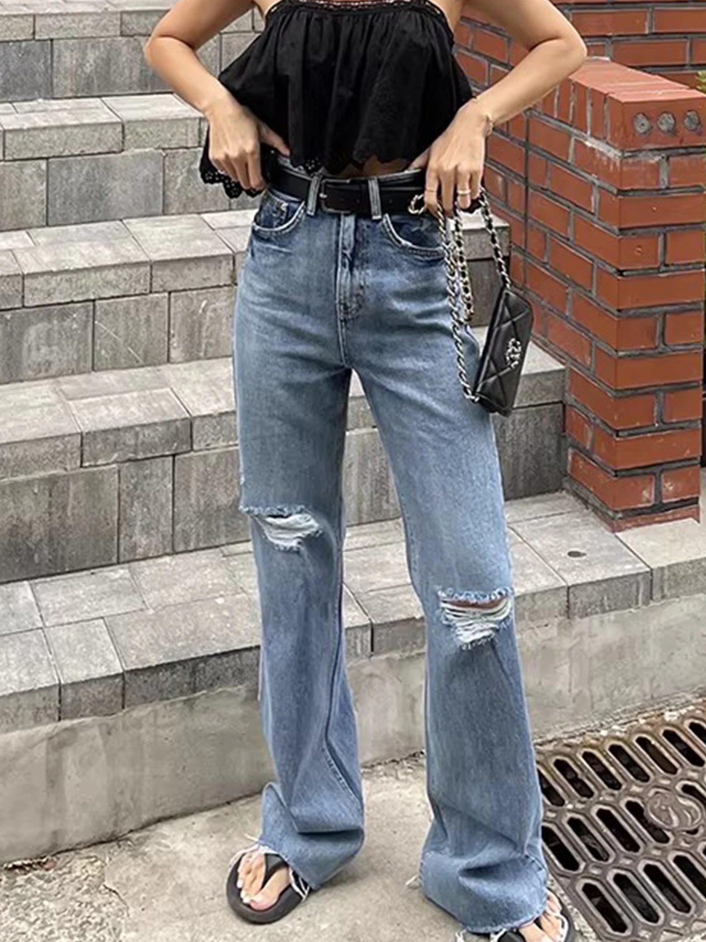 Retro Washed Denim Jeans Women's Spring New High Waist Straight Casual Pants Cuffed Hole Design Comfortable Polyester Fiber