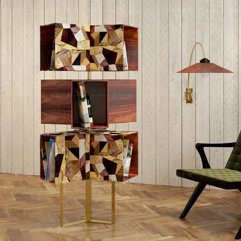Italian light luxury solid wood rotating bookshelf household villa high-end bookcase designer creative storage shelf