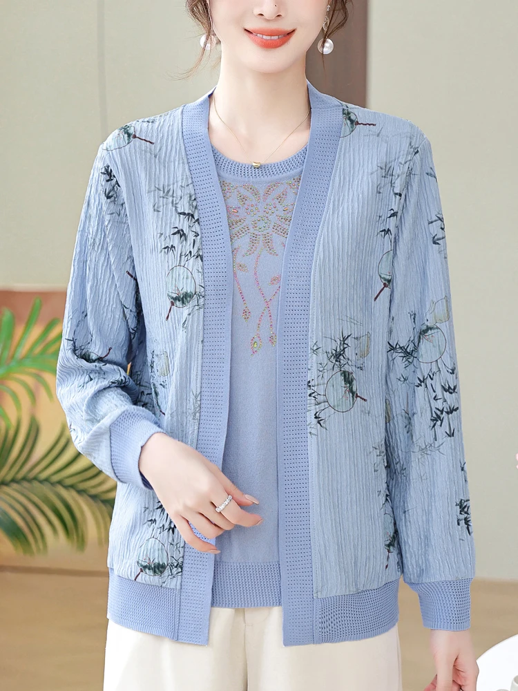 

Print Two Pieces Sets Sweater Women Spring Autumn Mother Sweater Pull Femm T-shirt+ Cardigans Suit Sweater For Women