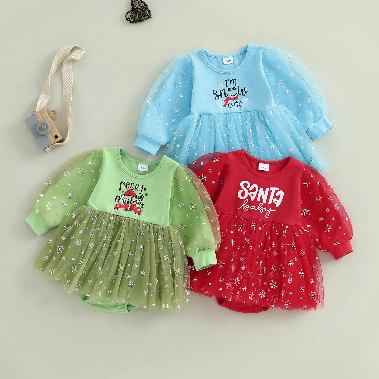 

0-24 Months Baby Girls Christmas Romper Dress Long Sleeve Round Neck Tulle Patchwork Rompers