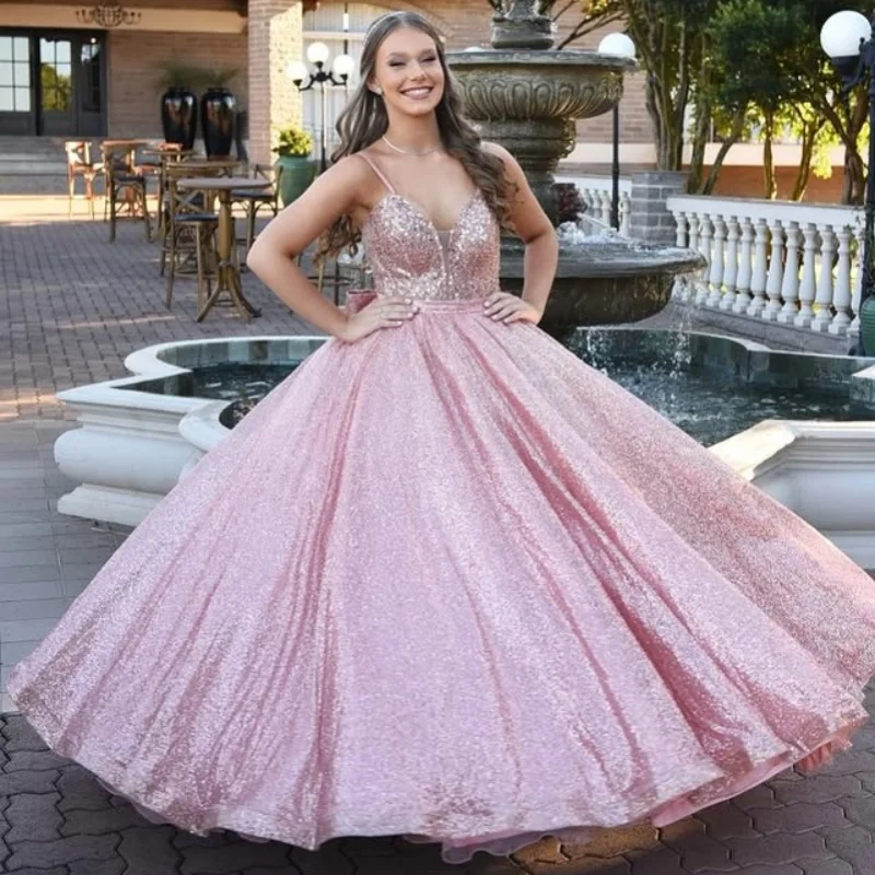 

Shiny Pink Quinceanera Dress off-shoulder Crystal Sequin Decal Long tail Bow vestidos de 15 Quinceanera ﻿Customized