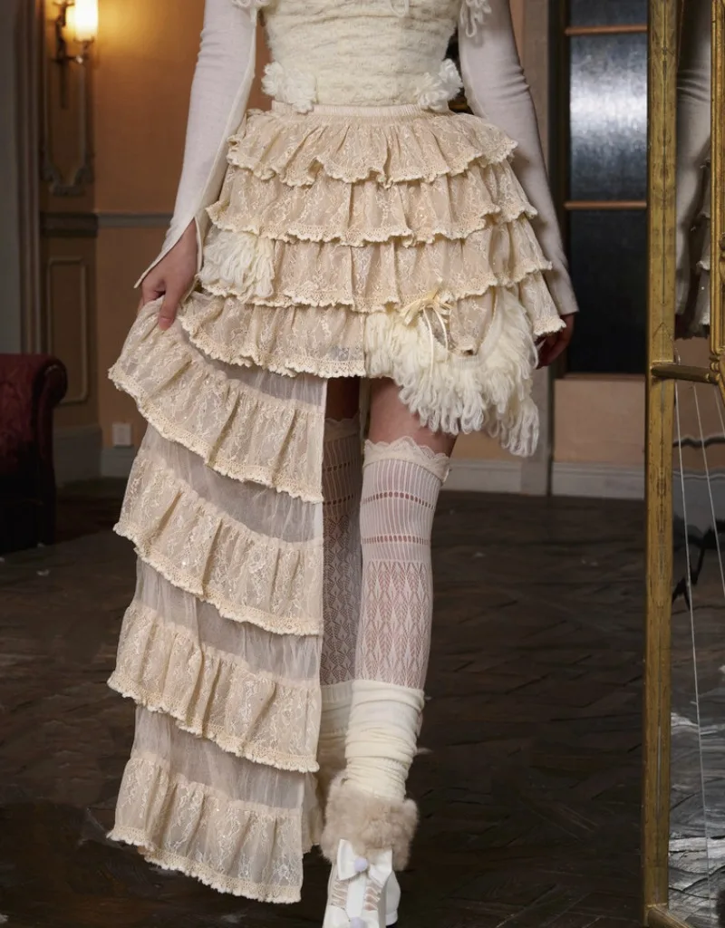 تصميم فريد من نوعه من الدانتيل بطبقات كعكة غير منتظمة متعددة الطبقات تنورة على الطراز الياباني تنانير طويلة عالية الخصر للملابس النسائية #6