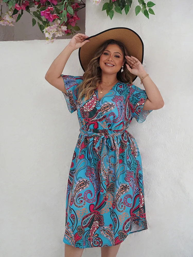 GIBSIE-Robe longue à imprimé cachemire, grande taille, style Boho, manches courtes, vacances, plage, décontractée, avec ceinture, été