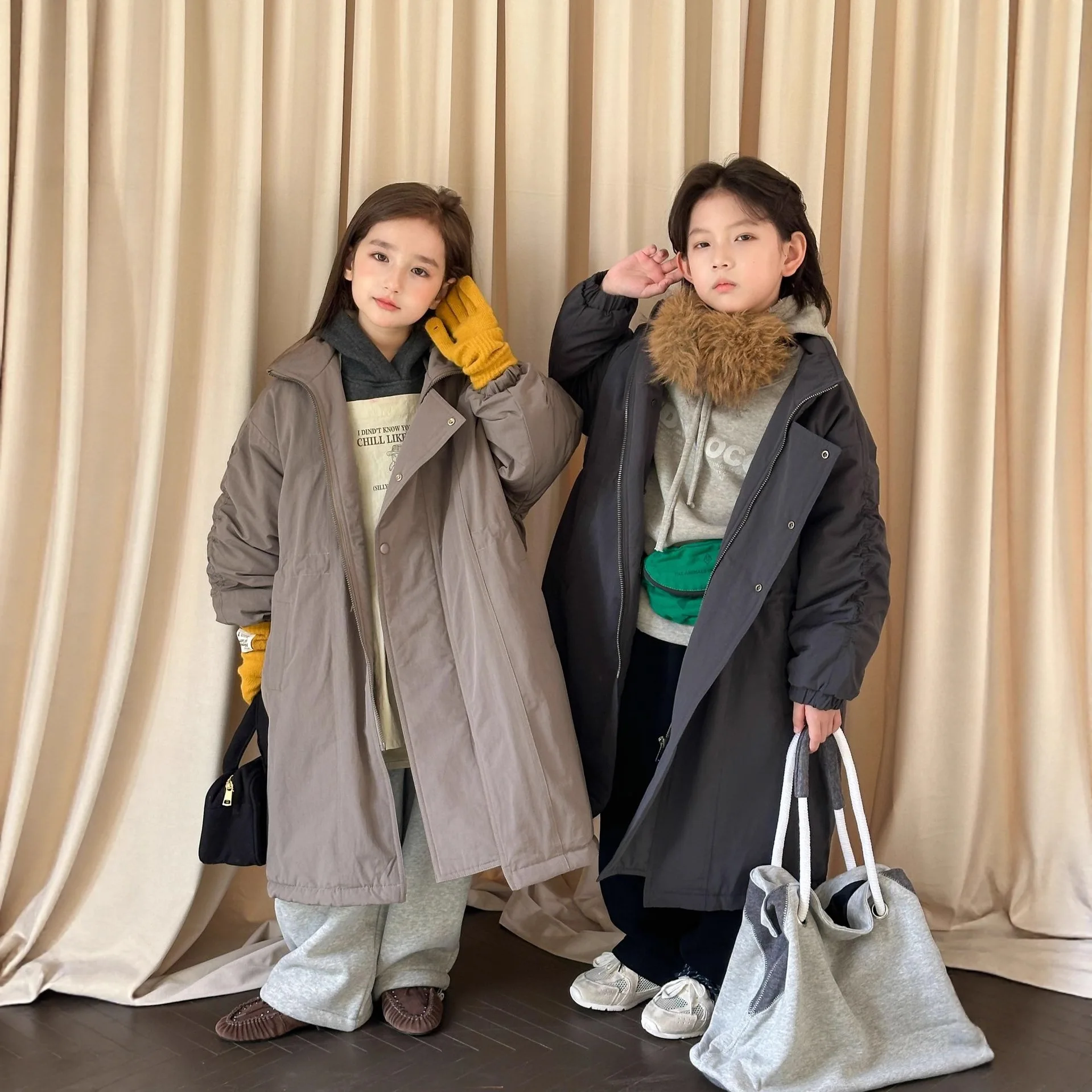 Korean Winter Kids Boys Long Parkas Cotton Padded Turn Down Collar Children Jackets Loose Thicken Warm 2-10Y Little Girls Coats