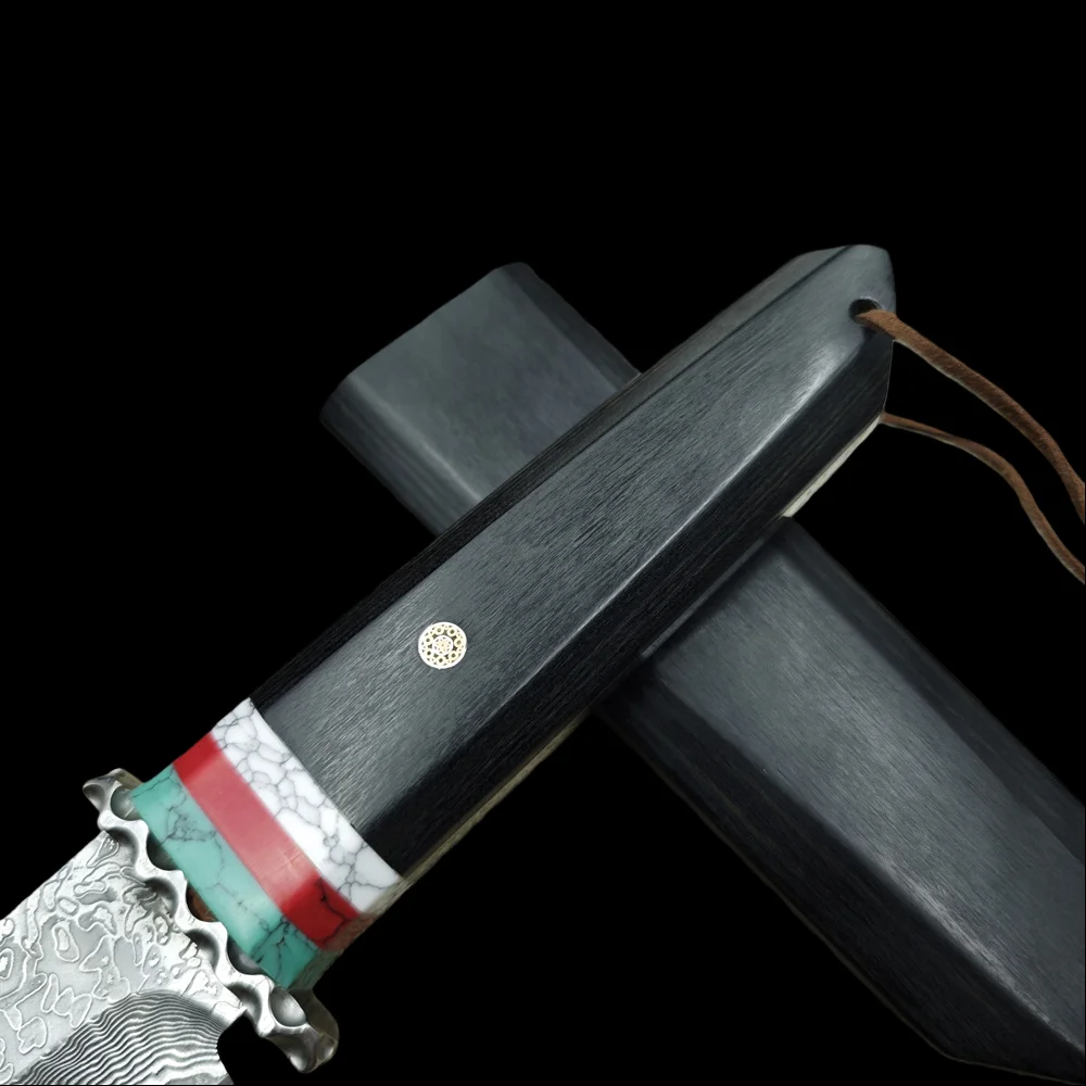 Damasco balde ébano alças faca de caça tática com bainha de madeira, ferramentas edc de acampamento ao ar livre com caixa de presente