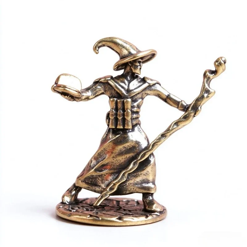 Brass Fantasy Wizard Figurine, Retro Metal Sorcerer Statue with Curved Staff, Desktop Tea Pet Ornament for Home Decor Collection