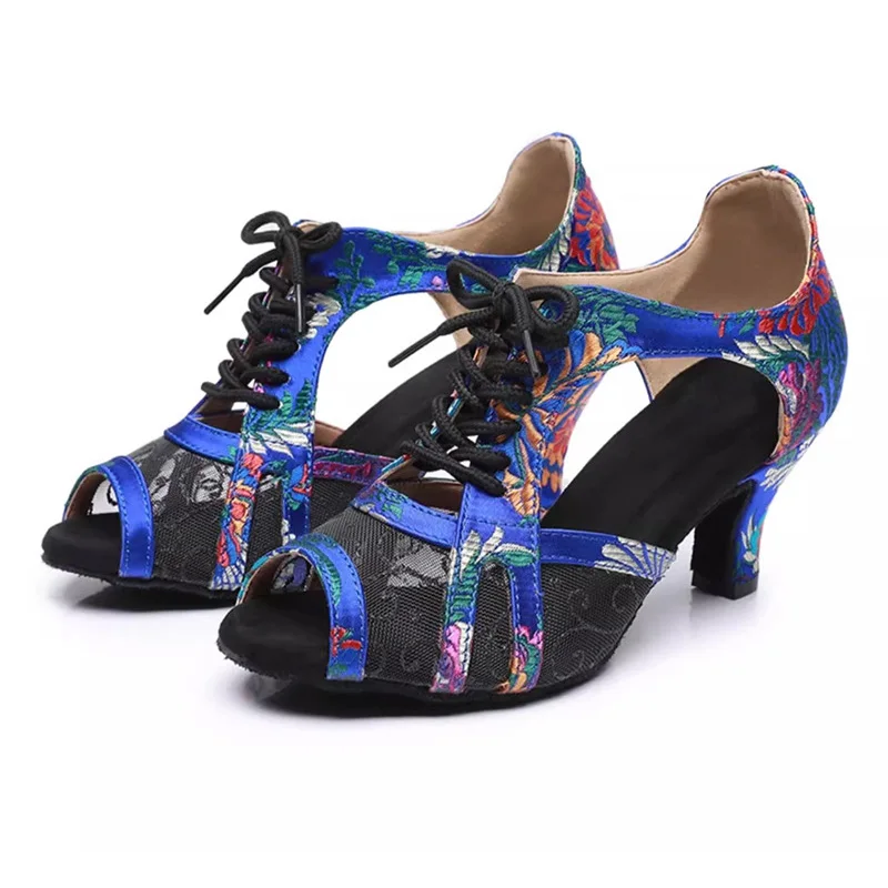 Satin Embroidery Latin Dance Shoes Women's Diamond Studded High-end Soft Soled Square Dance Shoes Indoor Outdoor Professional