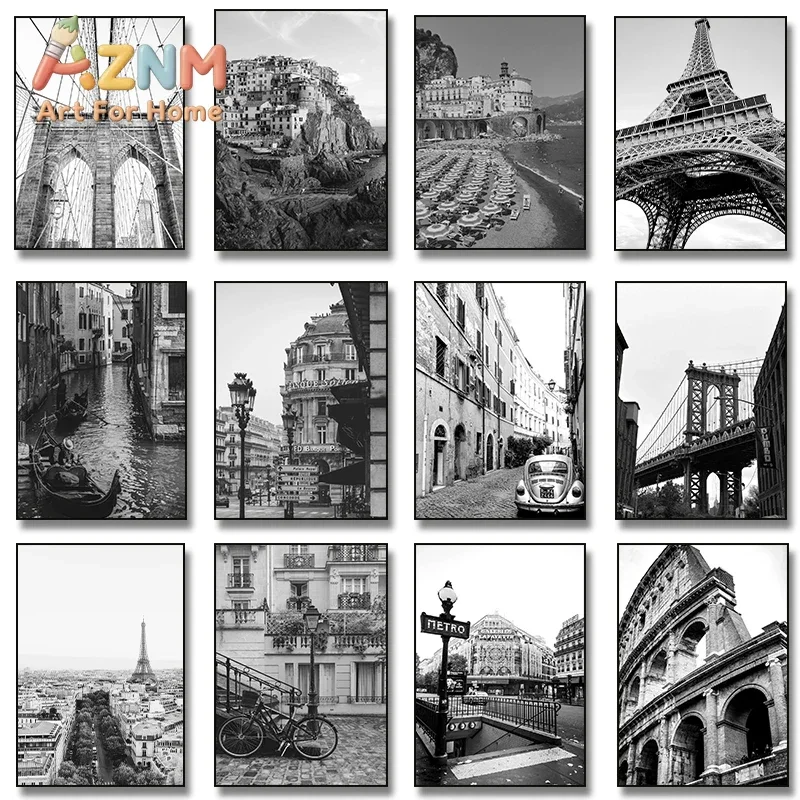 Black White City New York Italy Venice London Paris Eiffel Tower Photography Art Posters Canvas Painting Home Decor Mural