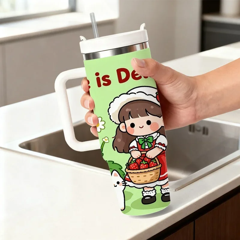 40Oz Stainless Steel Insulated Tumbler, Whimsical Strawberry And Smiling Cat Digital Print with 
