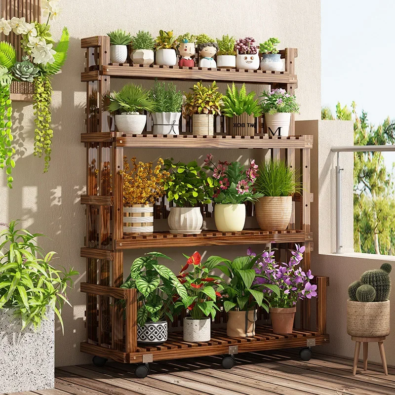 Multi layer solid wood flower rack, shelf, balcony mobile ladder basin, living room floor to ceiling indoor plant storage rack