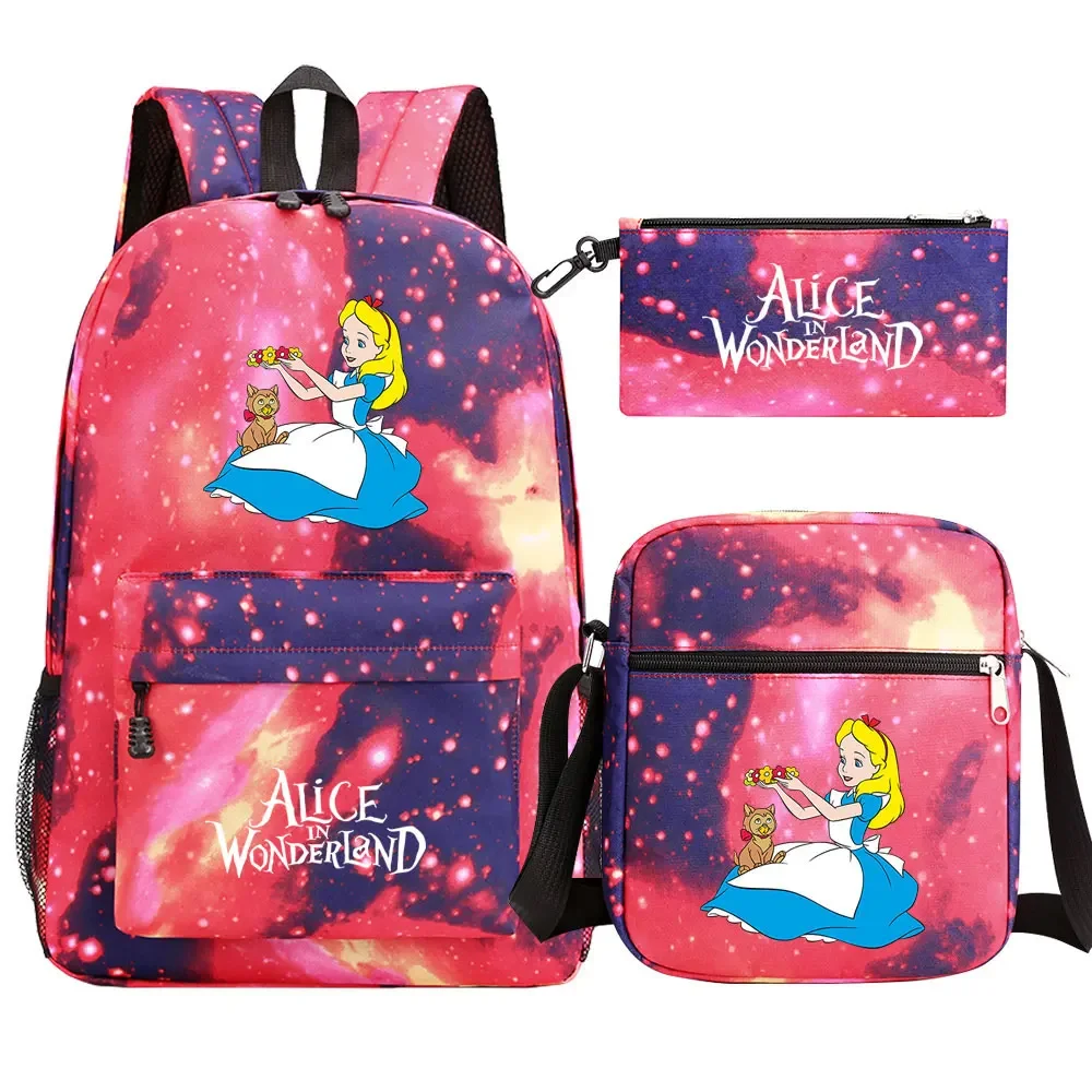 Kawaii Alice in Wonderland 3Pcs Boy Girl Kids School Book Bags Teenager Travel Backpack Shoulder Bag Pen Bag