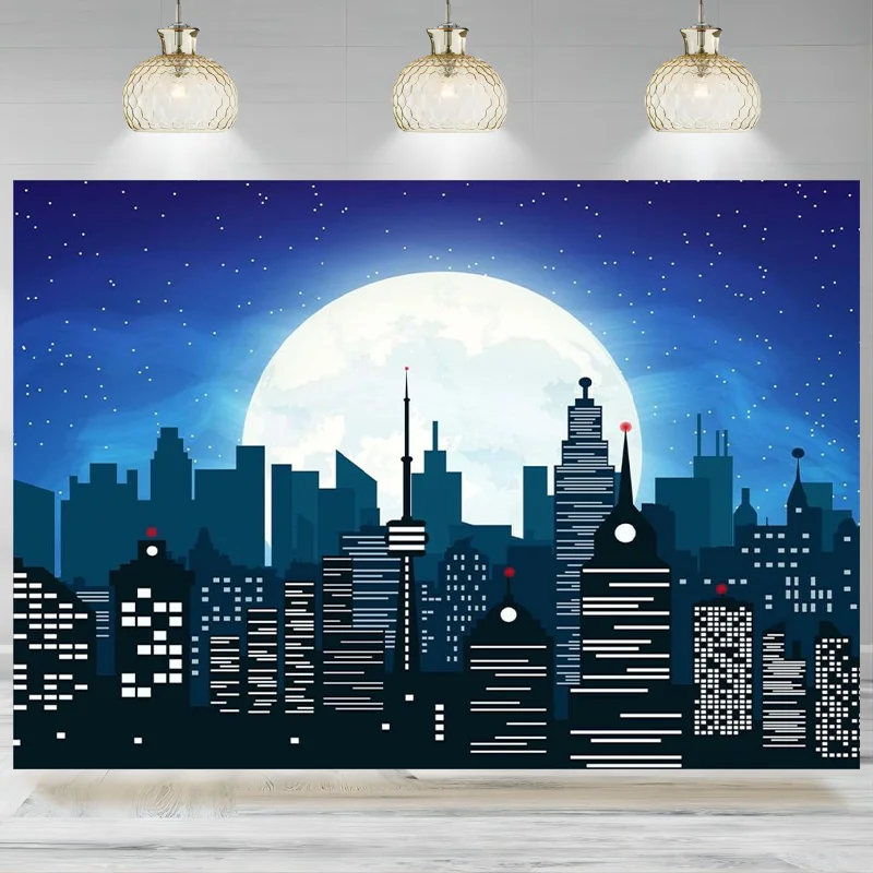 Cartoon Super City Backdrop Themed Party Skyline Background Kids Birthday Banner Urban Night Moon City Buildings Photographic