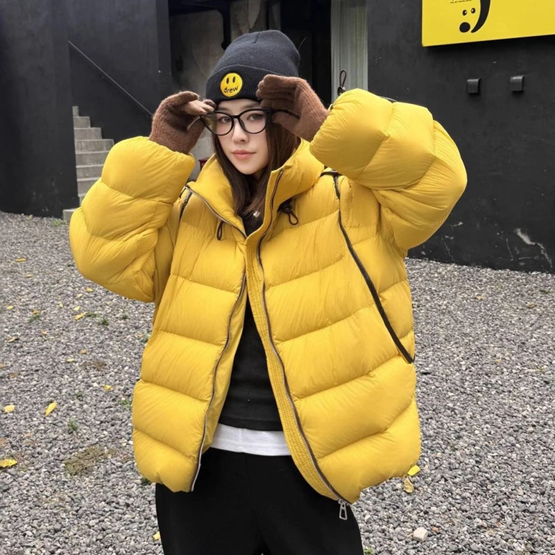 

Winter Puff Stand Collar Warm Down Jacket Female Fluffy Thicken Zipper Jackets Women White Duck Down Parker Waterproof Outwears