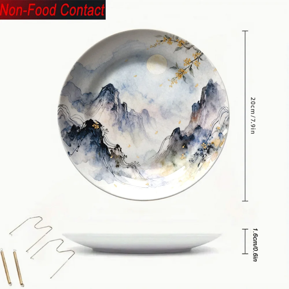 2D 1pc Ceramic Decorative Plate, Ink Wash Landscape Artistic Conception Design, Hand-Painted Mountain, Moon, and Osmanthus