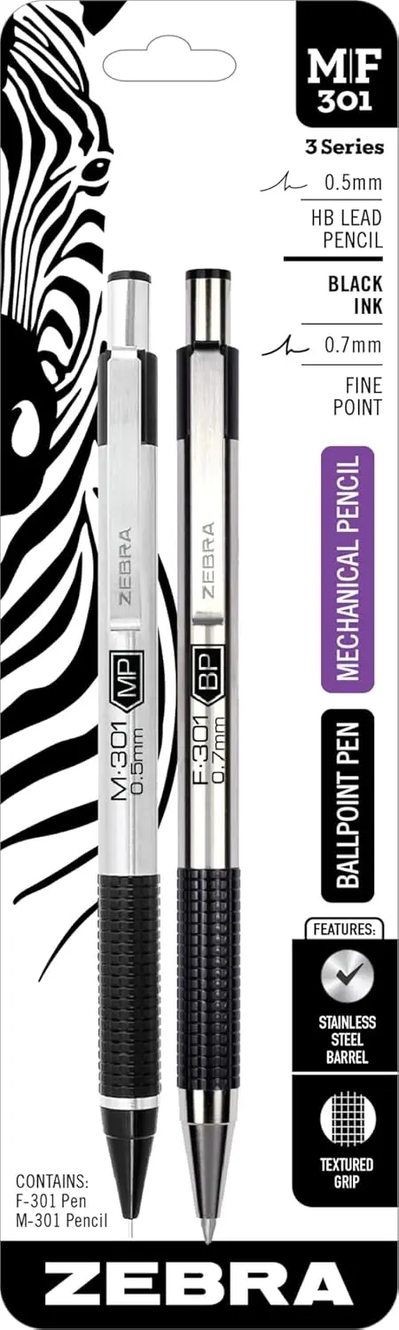 

Stainless Steel Mechanical Pencil and Ballpoint Pen Set, 0.5mm & 0.7mm Fine Point, Black Grip (2-Pack)