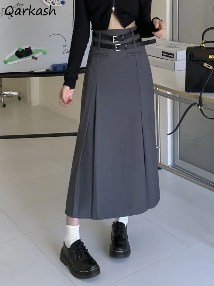 

Midi Pleated Skirts for Women Solid Belt Empire All-match Students Ulzzang Preppy Style Casual Design Spring Fashion Popular Ins