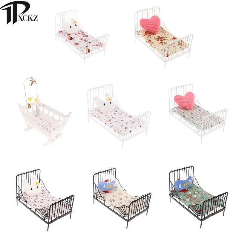 1Set Dollhouse Wrought Iron Bed Children's Bed + Pillow Iron Bed Cradle Bed With Mattress Cushion Hanging Ornaments Bedroom Toy