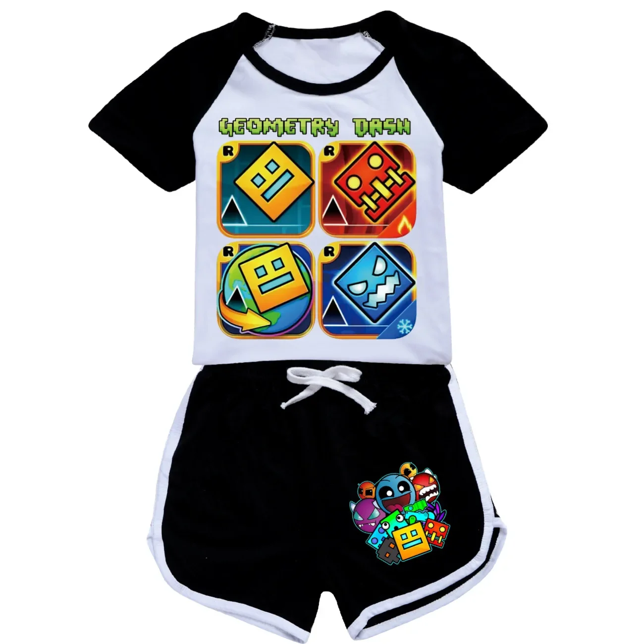 Boys Tracksuit Geometry Dash Set Summer Children Clothing T-Shirts+Shorts 2Pcs Outfits Girls Sportswear Kids Sleepwear Pyjamas