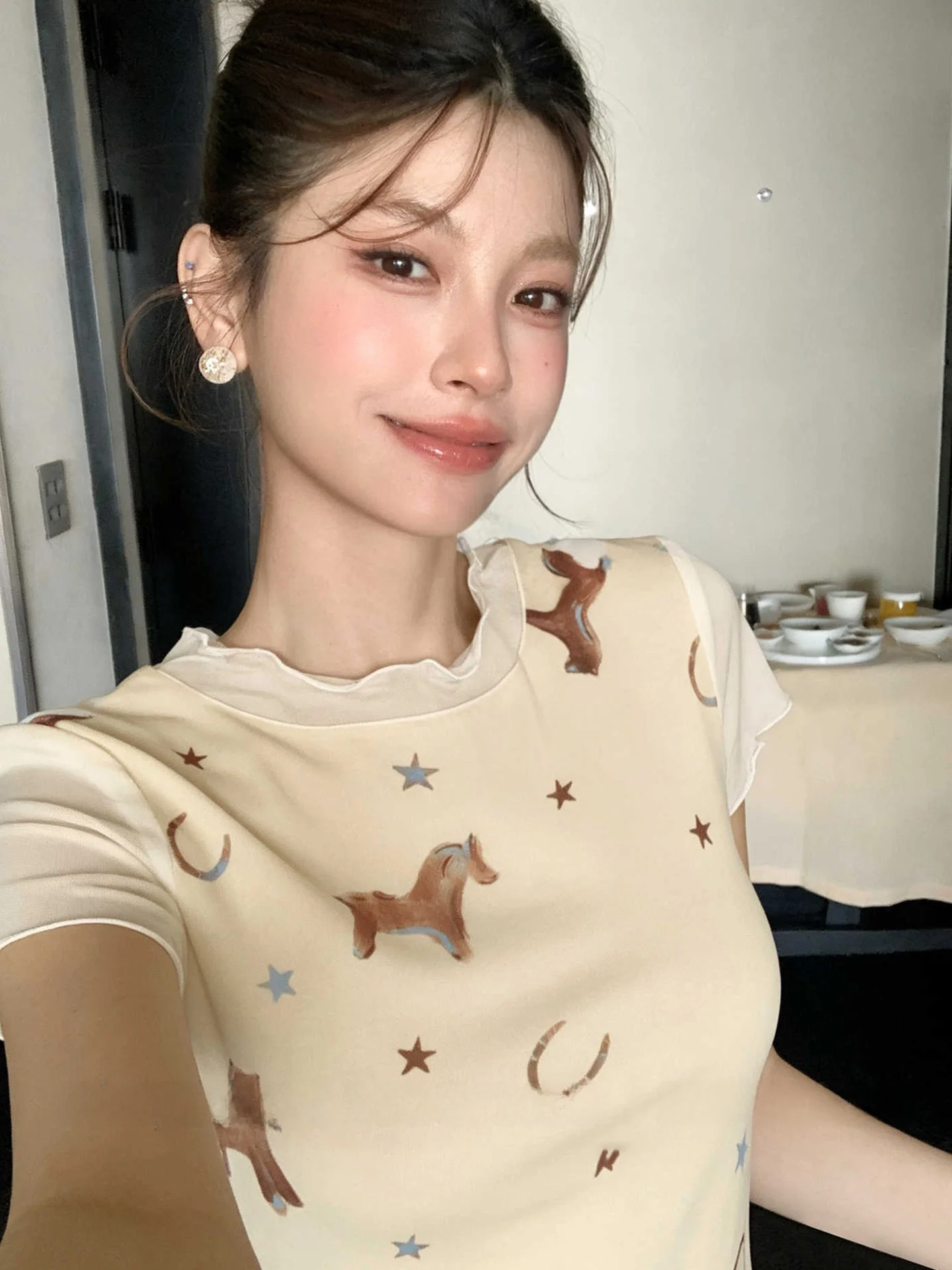 Khaki Print Short Sleeve T-Shirt Women Summer 2026 Slim Fit plus Size Small Figure Show Thin Short Style Casual round Neck Top