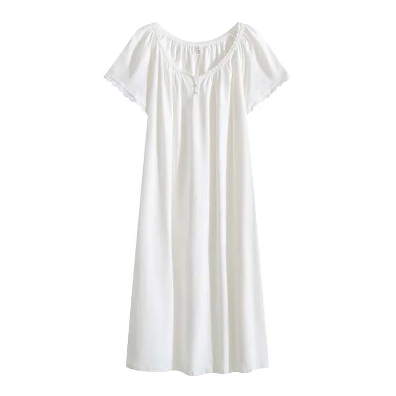 ผู้หญิงหวานแขนสั้นผ้าฝ้าย Nightdress รอบคอหลวม Nightie Casual PLUS ขนาดชุดนอนยาวกลางลูกวัว Nightgowns