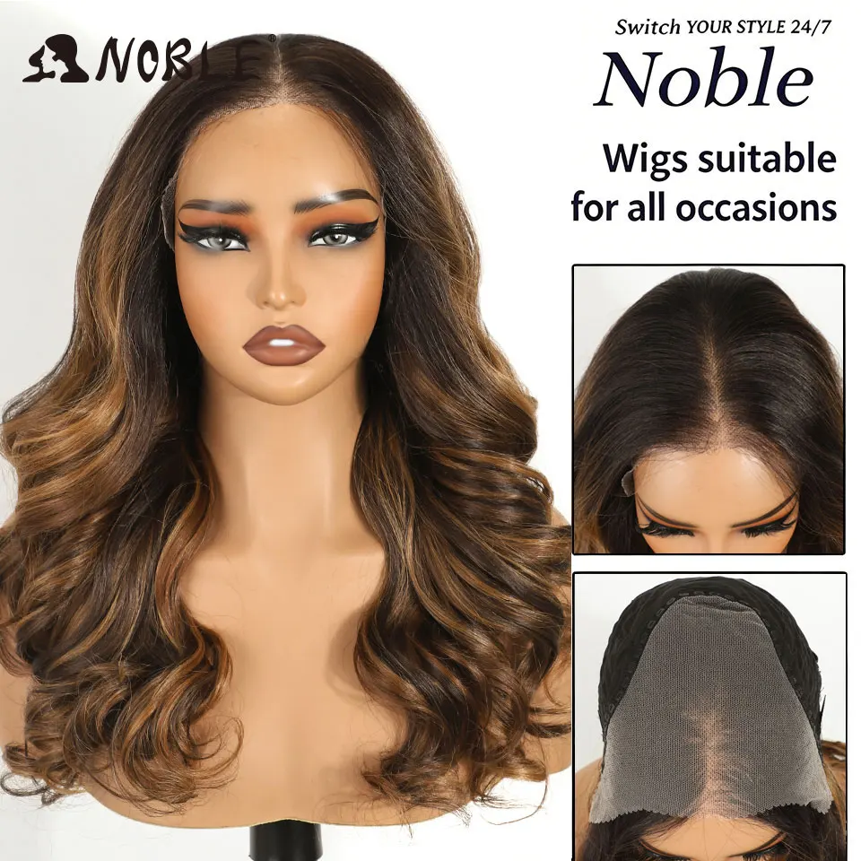 Perruques synthétiques Lace Front Noble de 20 pouces, effet Body Wave, pour femmes, avec raie libre, pré-épilées, 9x6, pré-coupées, Ombré Brun Blond