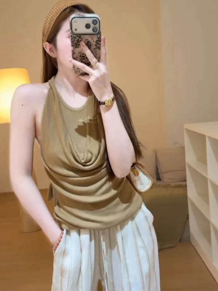 Khaki Color Choker Neck Vest Women's Slimming Stylish Summer New Style Hot Girl Top Pure Desire Atmosphere Sensation
