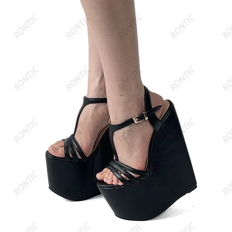 Rontic Women Summer Platform Sandals Wedges High Heels Round Toe Elegant Black White Casual Shoes Ladies US Plus Size 4-15