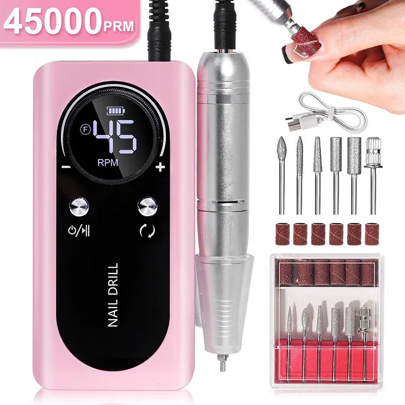 

New Original 45000rpm Rechargeable Nail Drill Machine With Lcd Low Noise Professional Nail Polish Sander Nails Accessories Set