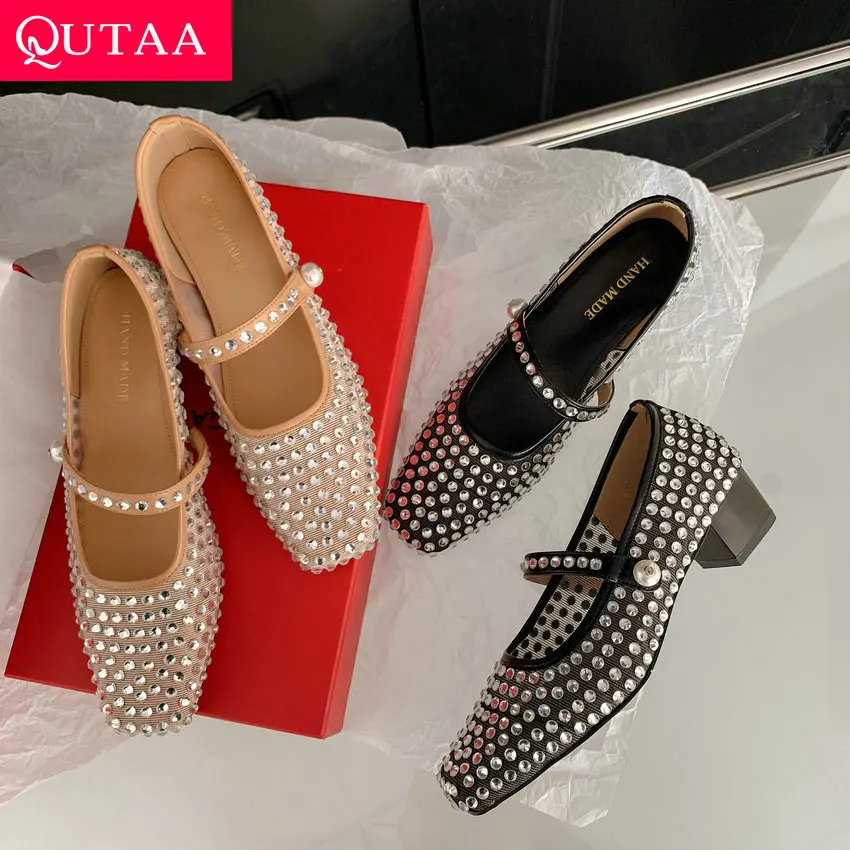 

QUTAA 2024 Women Mesh Pumps Mary Janes Square Toe Crystal Med Heel Apricot Party Wedding Shoes Woman Buckles Pumps Size 34-39