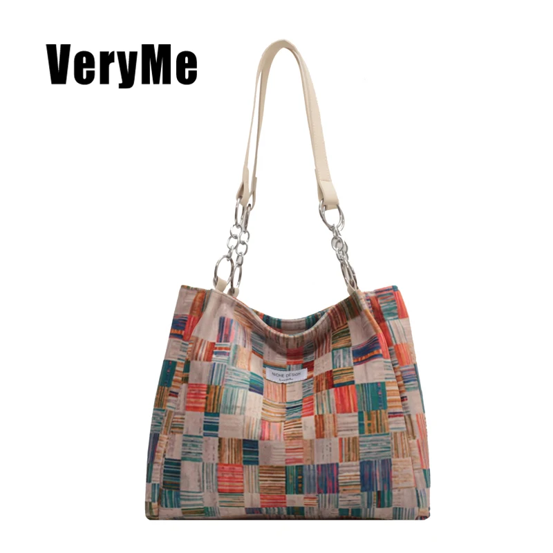 VeryMe-Bolso de hombro informal colorido, bolso de mano de tela Simple, de gran capacidad, para viajes y compras, 2022