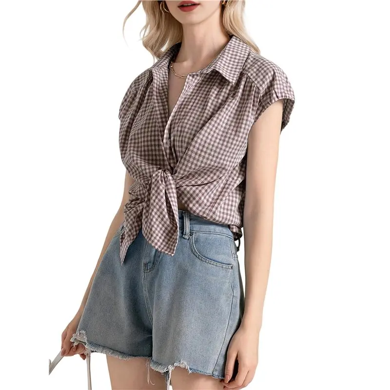 

Женские рубашки на пуговицах с коротким рукавом, летние хлопковые блузки с V-образным вырезом и воротником, в полоску, повседневные клетчатые топы