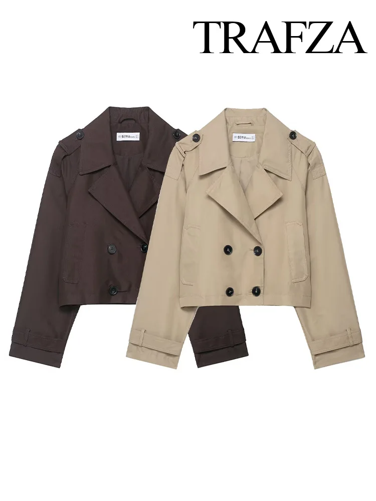 HH Women Pockets Lapel Double-breasted Jacket Female Autumn Winter Versatile High Street Casual Long Sleeve Elegant Coat