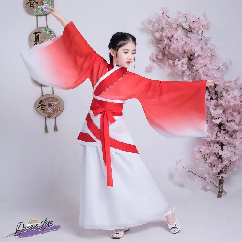 

Детский костюм для выступлений в стиле древнего китайского ханьфу, классический танцевальный наряд, сценический костюм для гучжэна